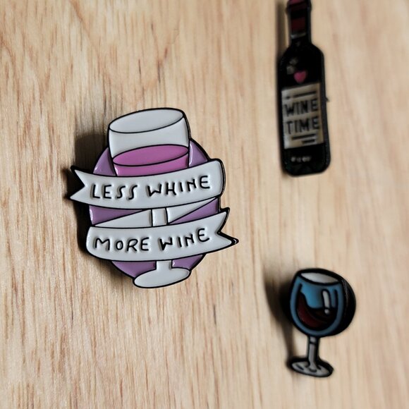 🟢3/$15 Wine Themed Enamel Pin Set of 3 Less Whine More Wine White Pink OS New - Picture 1 of 7